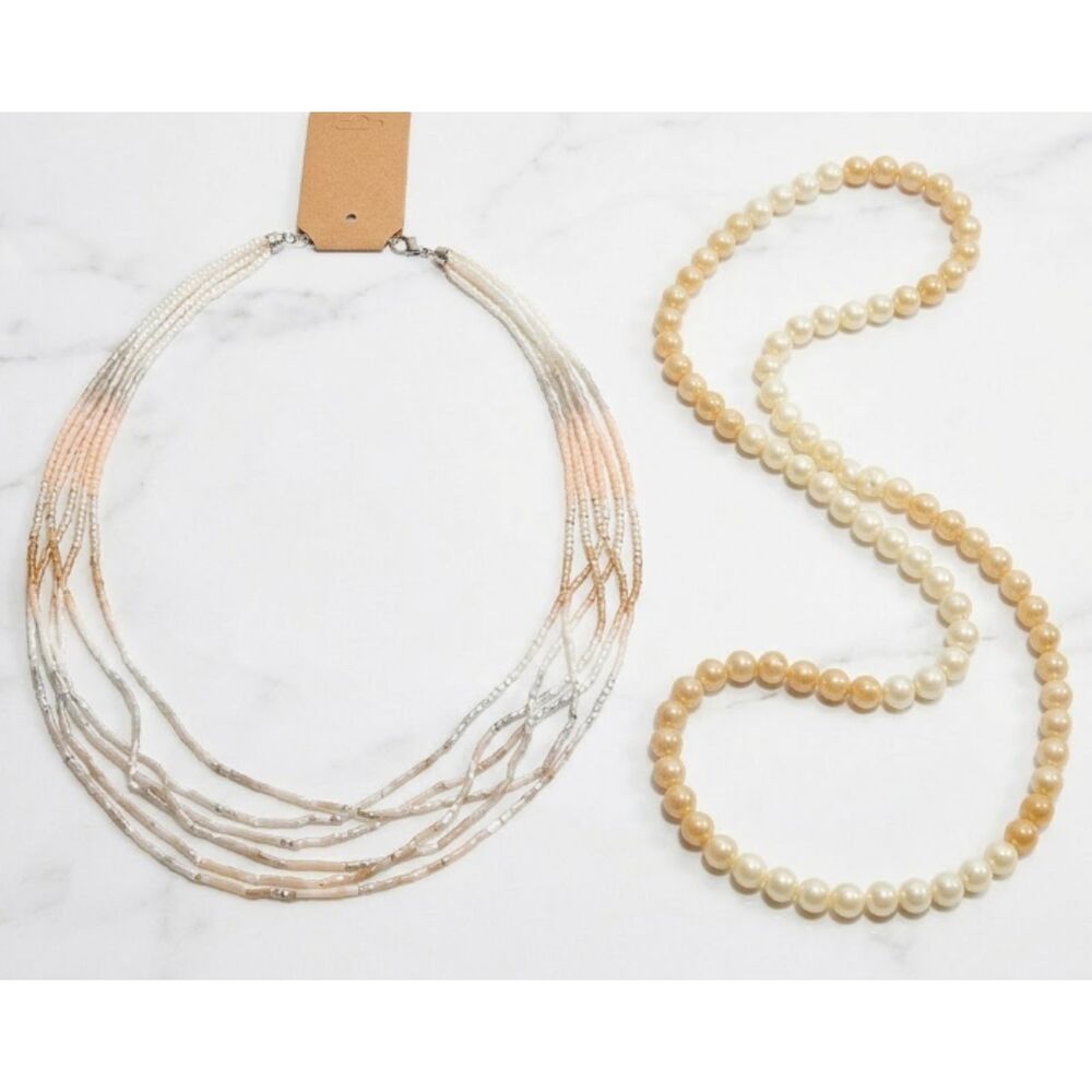 NWT 398 Lee Angel Metallic Multi Bead Layer Necklace Pearl Necklace
